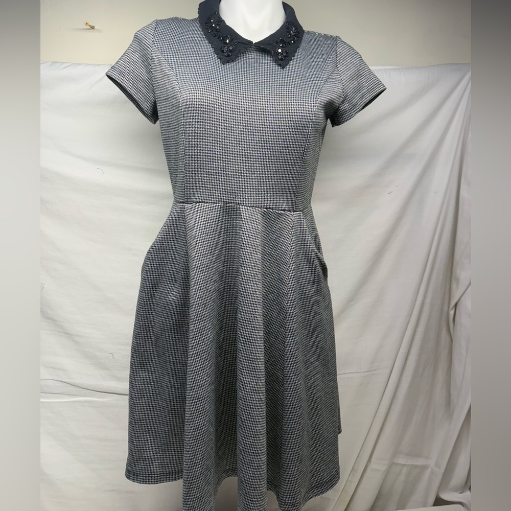 Maison Jules Black White Houndstooth Embellished Collar Fit & Flare Dress